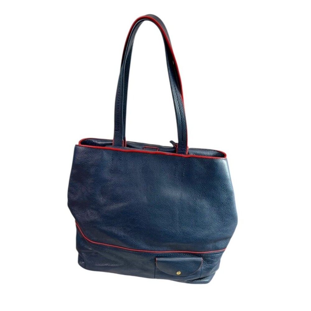 J. Crew Leather All-Day Tote in Navy Indigo w/ Red Trim $178 Style No. F5237